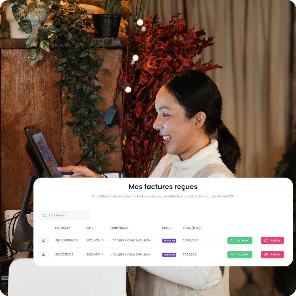 Tableau de réception des e-factures de fournisseurs avec tri par SIREN, SIRET ou code service et option de téléchargement PDF sécurisé