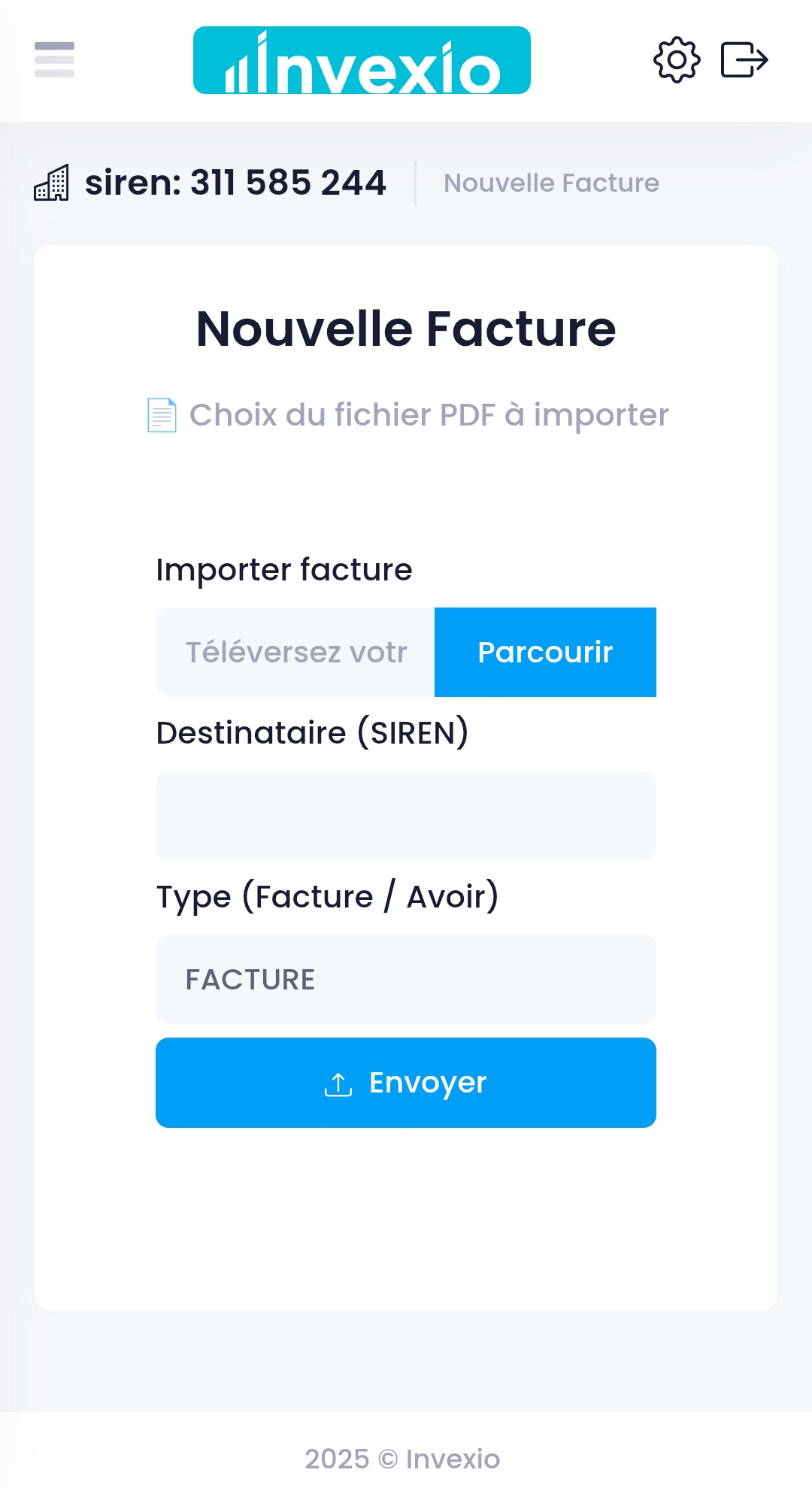 Choix d’une facture PDF et SIREN du destinataire dans Invexio (version mobile)