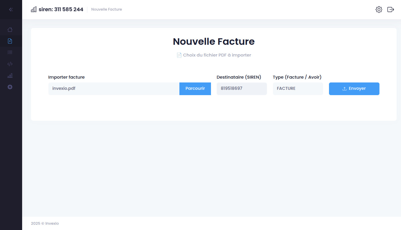 Choix d'une facture PDF et saisie du SIREN du destinataire avec Invexio
