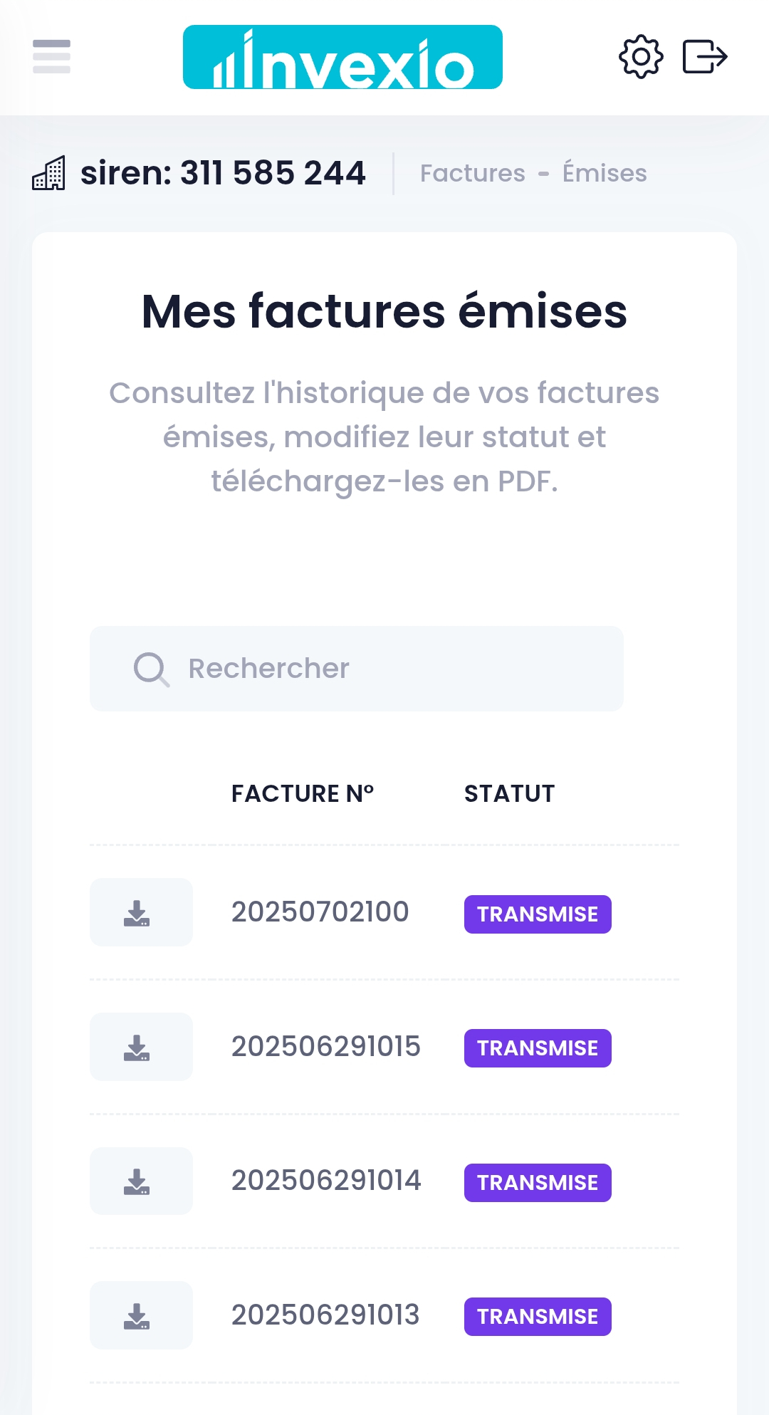 Liste des factures émises par fournisseurs avec facturation électronique Invexio (version mobile)