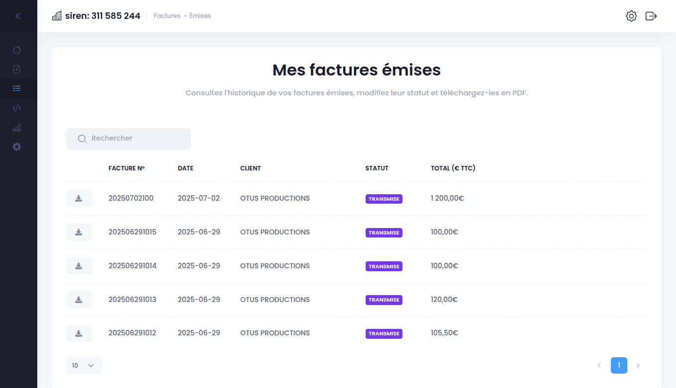 Liste des factures émises aux fournisseurs en facturation électronique avec Invexio