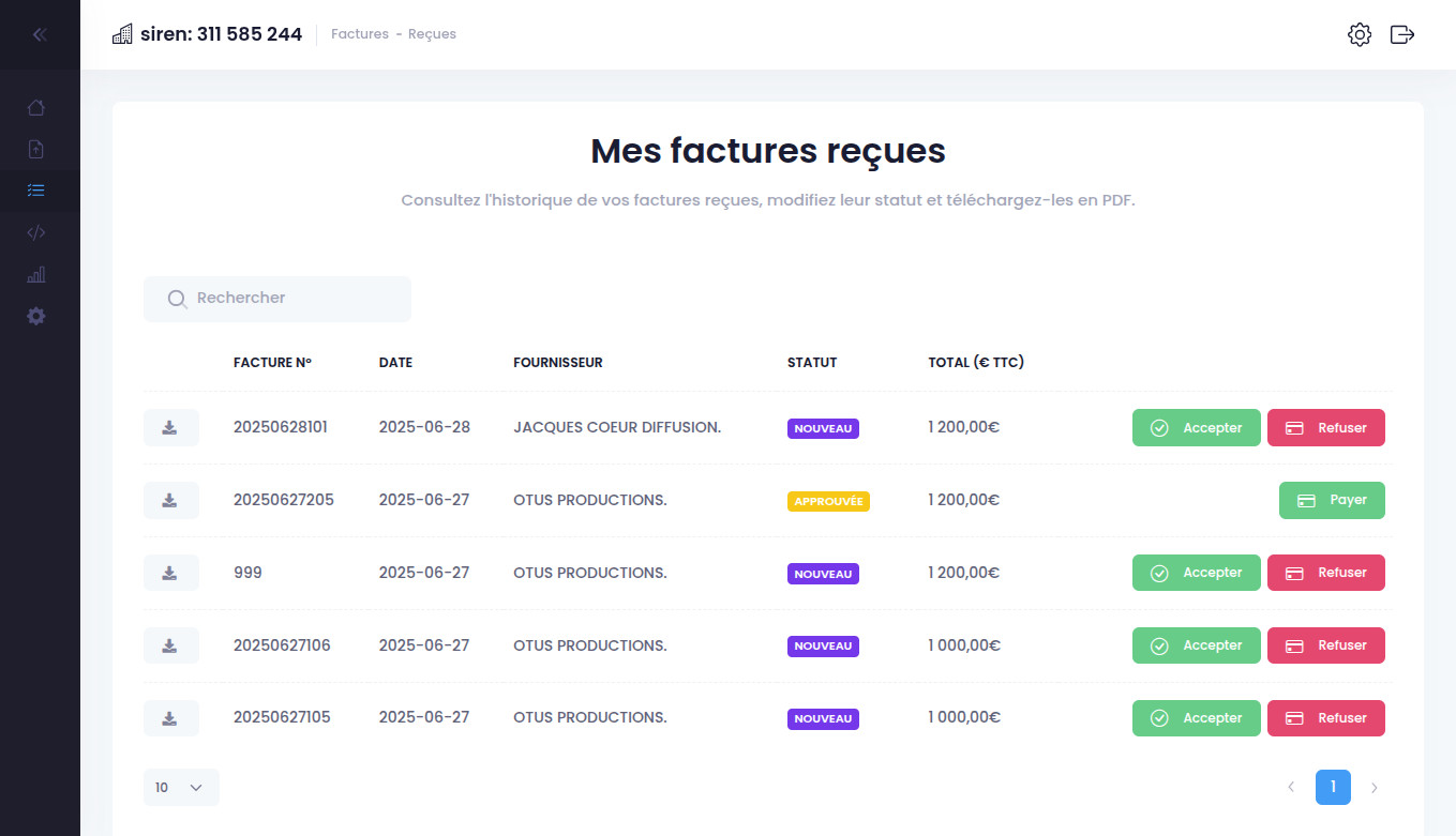 Liste des factures reçues de fournisseurs en facturation électronique sur Invexio