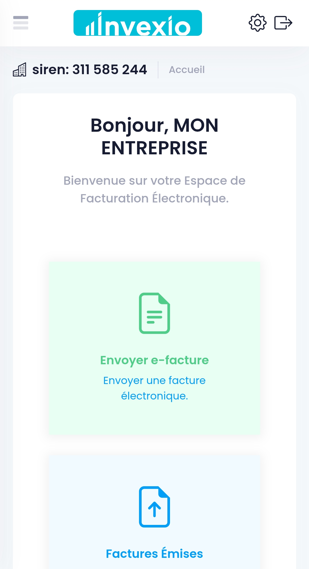 Principales fonctions du logiciel de facturation électronique Invexio (version mobile)