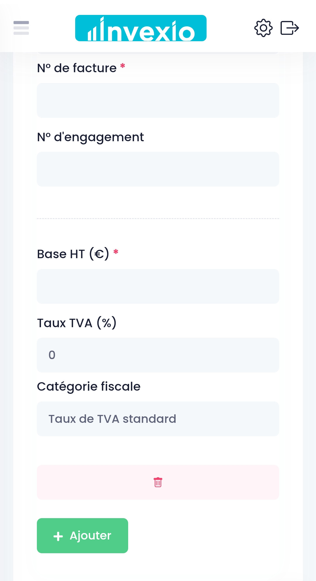 Saisie des données de facturation pour conversion Factur-X sur Invexio (version mobile)